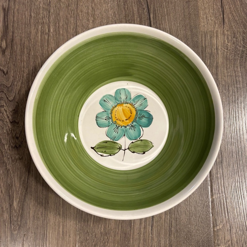 Vintage Wales Ironstone Serving Bowl Green Flower Hand Paint Made in Japan